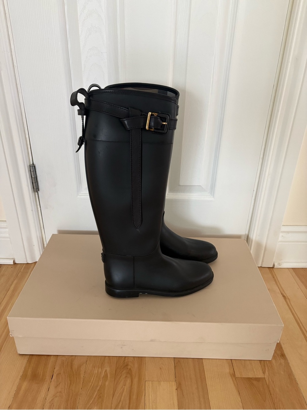 Women’s Burberry Black Tall Rain Boots - Classic Waterproof Riding Style